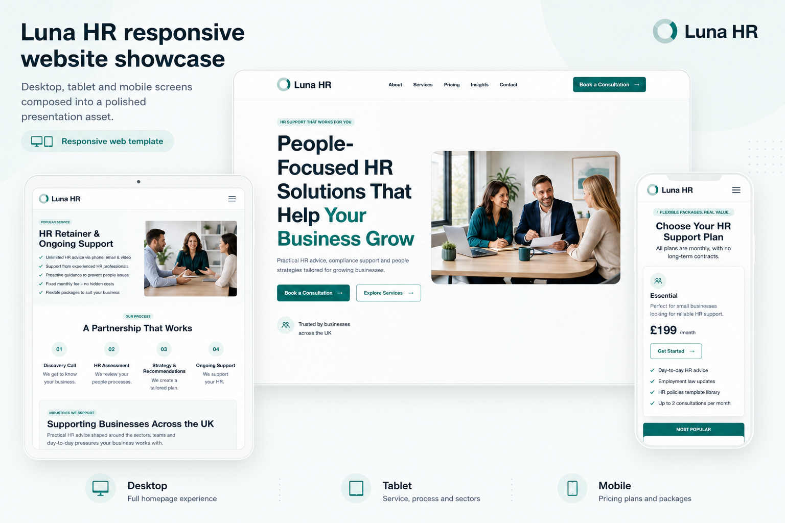 Luna HR homepage showing the people-focused HR solutions hero section.
