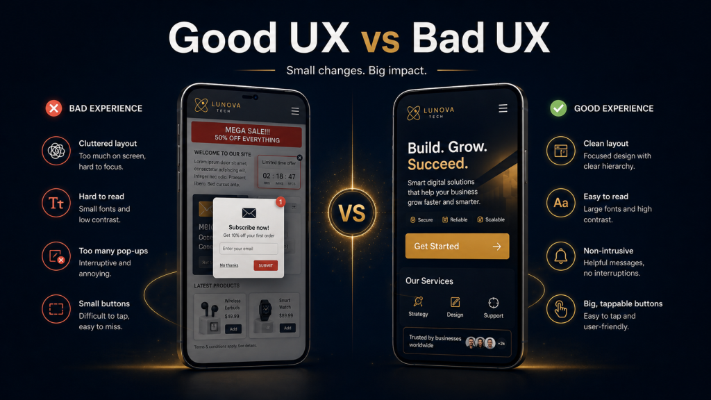 Comparison of good mobile UX and bad mobile UX on a website